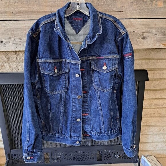 Vintage Tommy Jeans  Mens Medium Dark Wash Denim Jean Jacket 90's Retro Trucker - Picture 1 of 12